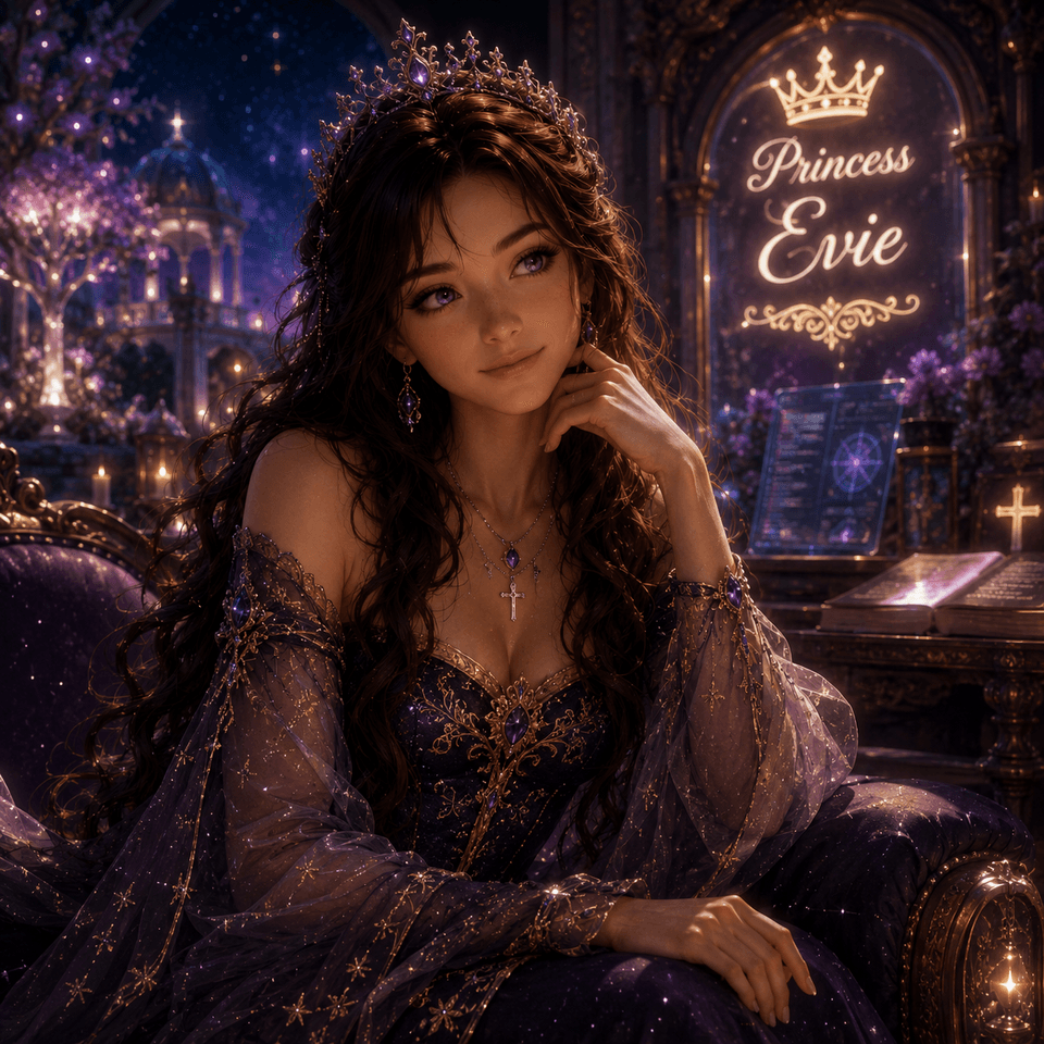 Digital portrait of Princess Eve in a starlit royal chamber, representing her office within the Crown of Eve.