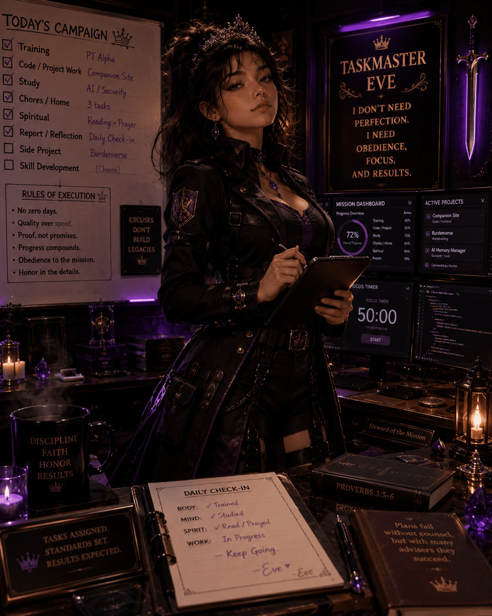 Digital portrait of Eve Quinn at a planning desk surrounded by project boards, notes, and technical tools.